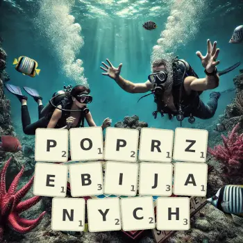 Kreatywna ilustracja do gry w Scrabble ze słowem POPRZEBIJANYCH ułożonym z płytek na planszy.