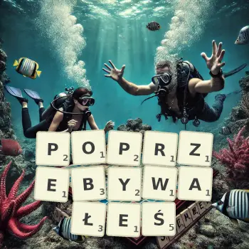Kreatywna ilustracja do gry w Scrabble ze słowem POPRZEBYWAŁEŚ ułożonym z płytek na planszy.