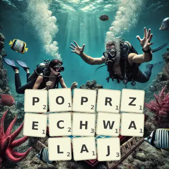 Kreatywna ilustracja do gry w Scrabble ze słowem POPRZECHWALAJ ułożonym z płytek na planszy.