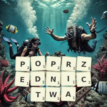 Kreatywna ilustracja do gry w Scrabble ze słowem POPRZEDNICTWA ułożonym z płytek na planszy.