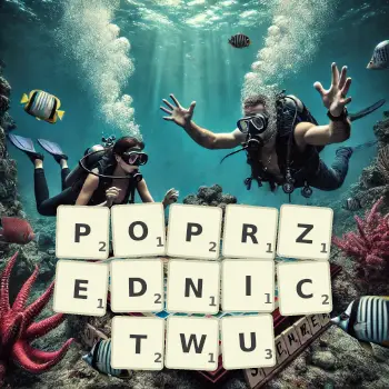 Kreatywna ilustracja do gry w Scrabble ze słowem POPRZEDNICTWU ułożonym z płytek na planszy.