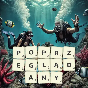 Kreatywna ilustracja do gry w Scrabble ze słowem POPRZEGLĄDANY ułożonym z płytek na planszy.
