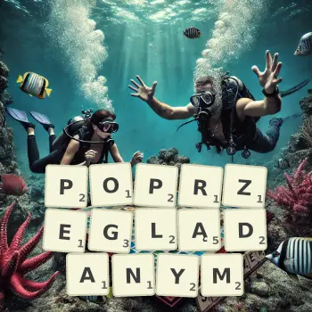 Kreatywna ilustracja do gry w Scrabble ze słowem POPRZEGLĄDANYM ułożonym z płytek na planszy.