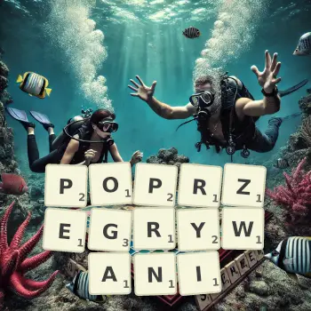 Kreatywna ilustracja do gry w Scrabble ze słowem POPRZEGRYWANI ułożonym z płytek na planszy.