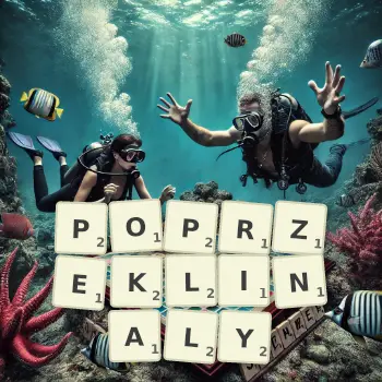 Kreatywna ilustracja do gry w Scrabble ze słowem POPRZEKLINALY ułożonym z płytek na planszy.