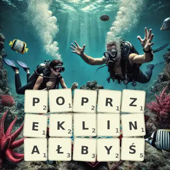 Kreatywna ilustracja do gry w Scrabble ze słowem POPRZEKLINAŁBYŚ ułożonym z płytek na planszy.