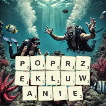 Kreatywna ilustracja do gry w Scrabble ze słowem POPRZEKLUWANIE ułożonym z płytek na planszy.