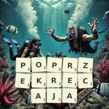 Kreatywna ilustracja do gry w Scrabble ze słowem POPRZEKRECAJA ułożonym z płytek na planszy.