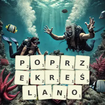 Kreatywna ilustracja do gry w Scrabble ze słowem POPRZEKREŚLANO ułożonym z płytek na planszy.