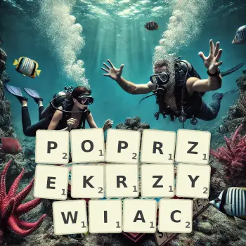 Kreatywna ilustracja do gry w Scrabble ze słowem POPRZEKRZYWIAC ułożonym z płytek na planszy.