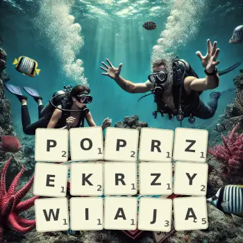 Kreatywna ilustracja do gry w Scrabble ze słowem POPRZEKRZYWIAJĄ ułożonym z płytek na planszy.