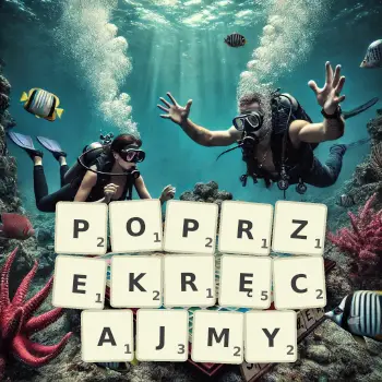 Kreatywna ilustracja do gry w Scrabble ze słowem POPRZEKRĘCAJMY ułożonym z płytek na planszy.