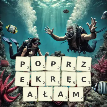 Kreatywna ilustracja do gry w Scrabble ze słowem POPRZEKRĘCAŁAM ułożonym z płytek na planszy.
