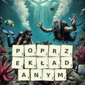 Kreatywna ilustracja do gry w Scrabble ze słowem POPRZEKŁADANYM ułożonym z płytek na planszy.