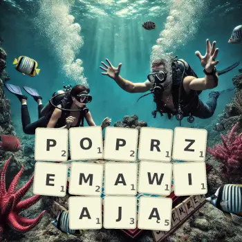 Kreatywna ilustracja do gry w Scrabble ze słowem POPRZEMAWIAJĄ ułożonym z płytek na planszy.