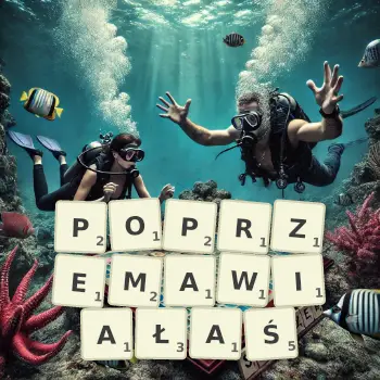 Kreatywna ilustracja do gry w Scrabble ze słowem POPRZEMAWIAŁAŚ ułożonym z płytek na planszy.