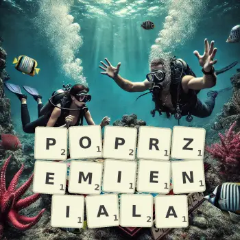 Kreatywna ilustracja do gry w Scrabble ze słowem POPRZEMIENIALA ułożonym z płytek na planszy.