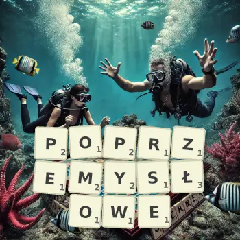Kreatywna ilustracja do gry w Scrabble ze słowem POPRZEMYSŁOWE ułożonym z płytek na planszy.