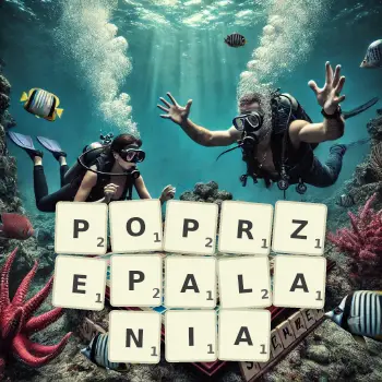 Kreatywna ilustracja do gry w Scrabble ze słowem POPRZEPALANIA ułożonym z płytek na planszy.