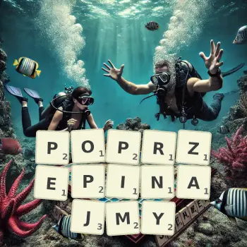 Kreatywna ilustracja do gry w Scrabble ze słowem POPRZEPINAJMY ułożonym z płytek na planszy.