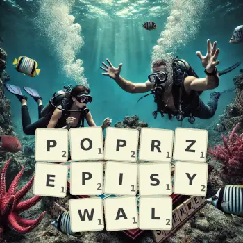 Kreatywna ilustracja do gry w Scrabble ze słowem POPRZEPISYWAL ułożonym z płytek na planszy.