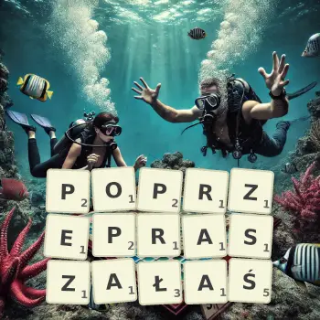 Kreatywna ilustracja do gry w Scrabble ze słowem POPRZEPRASZAŁAŚ ułożonym z płytek na planszy.