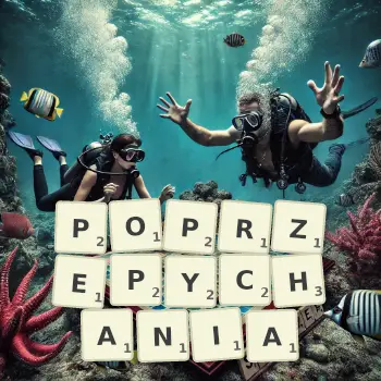 Kreatywna ilustracja do gry w Scrabble ze słowem POPRZEPYCHANIA ułożonym z płytek na planszy.
