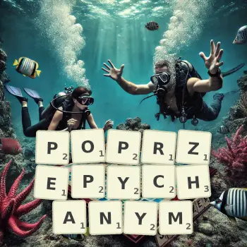 Kreatywna ilustracja do gry w Scrabble ze słowem POPRZEPYCHANYM ułożonym z płytek na planszy.