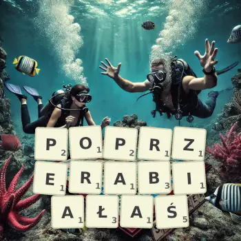 Kreatywna ilustracja do gry w Scrabble ze słowem POPRZERABIAŁAŚ ułożonym z płytek na planszy.