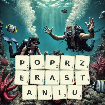 Kreatywna ilustracja do gry w Scrabble ze słowem POPRZERASTANIU ułożonym z płytek na planszy.