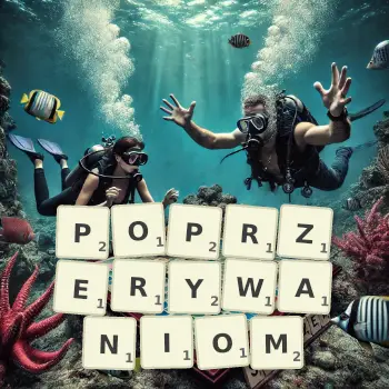 Kreatywna ilustracja do gry w Scrabble ze słowem POPRZERYWANIOM ułożonym z płytek na planszy.