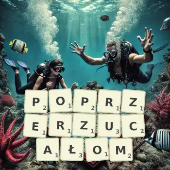 Kreatywna ilustracja do gry w Scrabble ze słowem POPRZERZUCAŁOM ułożonym z płytek na planszy.