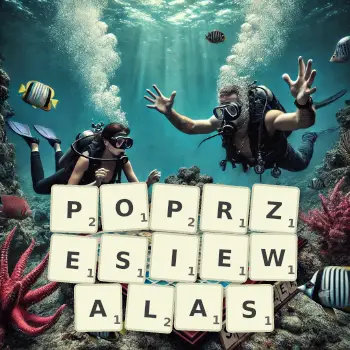 Kreatywna ilustracja do gry w Scrabble ze słowem POPRZESIEWALAS ułożonym z płytek na planszy.