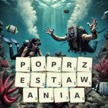 Kreatywna ilustracja do gry w Scrabble ze słowem POPRZESTAWANIA ułożonym z płytek na planszy.