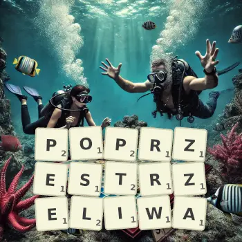 Kreatywna ilustracja do gry w Scrabble ze słowem POPRZESTRZELIWA ułożonym z płytek na planszy.
