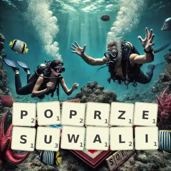 Kreatywna ilustracja do gry w Scrabble ze słowem POPRZESUWALI ułożonym z płytek na planszy.