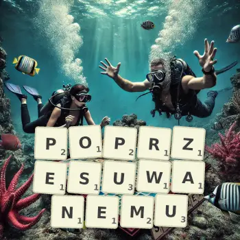 Kreatywna ilustracja do gry w Scrabble ze słowem POPRZESUWANEMU ułożonym z płytek na planszy.