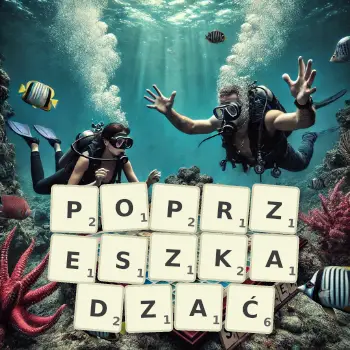 Kreatywna ilustracja do gry w Scrabble ze słowem POPRZESZKADZAĆ ułożonym z płytek na planszy.