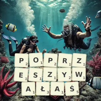 Kreatywna ilustracja do gry w Scrabble ze słowem POPRZESZYWAŁAŚ ułożonym z płytek na planszy.