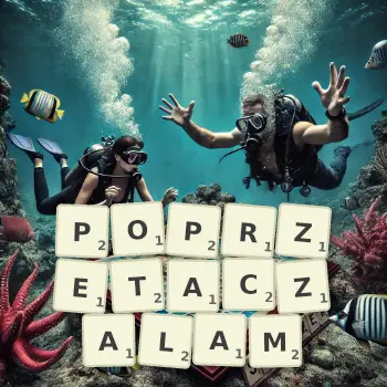 Kreatywna ilustracja do gry w Scrabble ze słowem POPRZETACZALAM ułożonym z płytek na planszy.