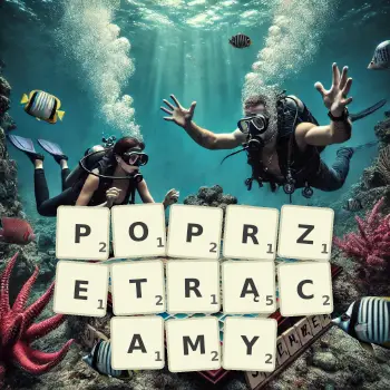 Kreatywna ilustracja do gry w Scrabble ze słowem POPRZETRĄCAMY ułożonym z płytek na planszy.