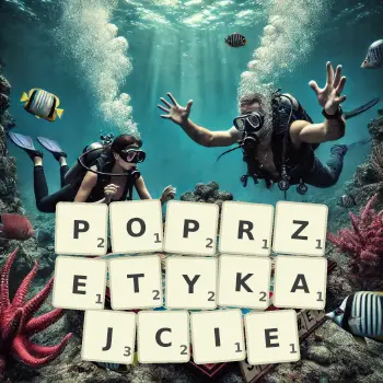 Kreatywna ilustracja do gry w Scrabble ze słowem POPRZETYKAJCIE ułożonym z płytek na planszy.