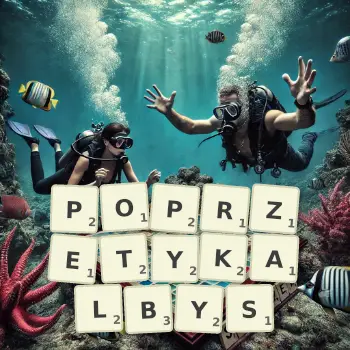Kreatywna ilustracja do gry w Scrabble ze słowem POPRZETYKALBYS ułożonym z płytek na planszy.