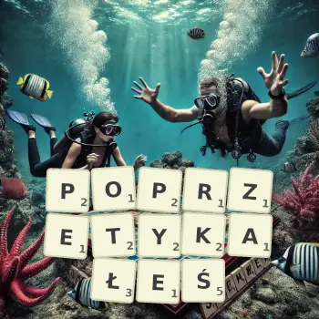 Kreatywna ilustracja do gry w Scrabble ze słowem POPRZETYKAŁEŚ ułożonym z płytek na planszy.