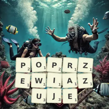 Kreatywna ilustracja do gry w Scrabble ze słowem POPRZEWIAZUJE ułożonym z płytek na planszy.
