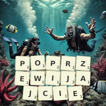 Kreatywna ilustracja do gry w Scrabble ze słowem POPRZEWIJAJCIE ułożonym z płytek na planszy.