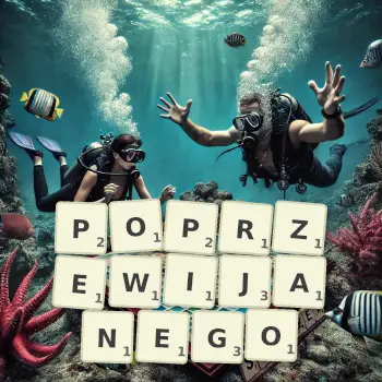 Kreatywna ilustracja do gry w Scrabble ze słowem POPRZEWIJANEGO ułożonym z płytek na planszy.