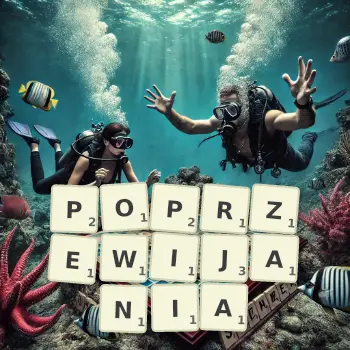 Kreatywna ilustracja do gry w Scrabble ze słowem POPRZEWIJANIA ułożonym z płytek na planszy.