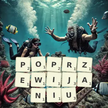 Kreatywna ilustracja do gry w Scrabble ze słowem POPRZEWIJANIU ułożonym z płytek na planszy.