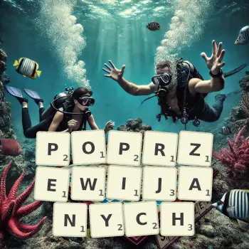 Kreatywna ilustracja do gry w Scrabble ze słowem POPRZEWIJANYCH ułożonym z płytek na planszy.